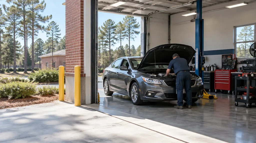 A clean auto shop service bay with a car inside in Columbia, SC