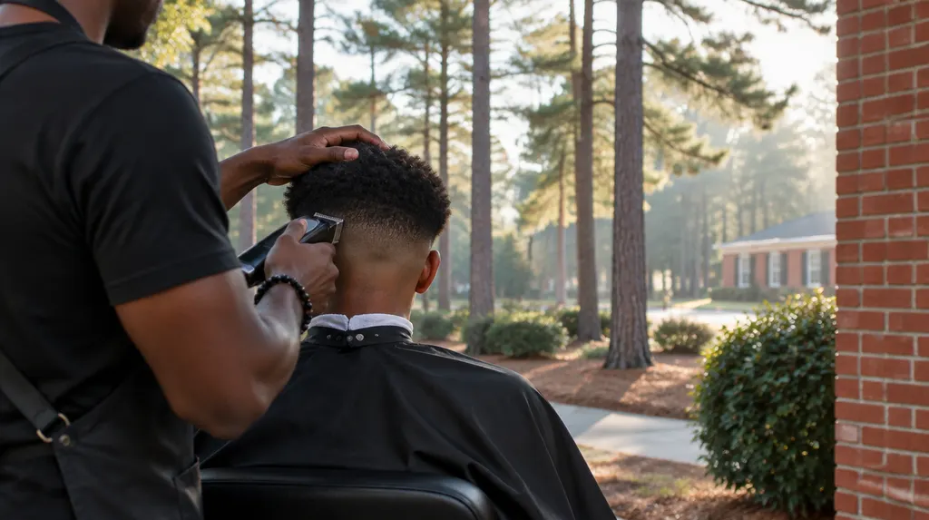 A barber trimming a fade with clippers in Columbia, SC