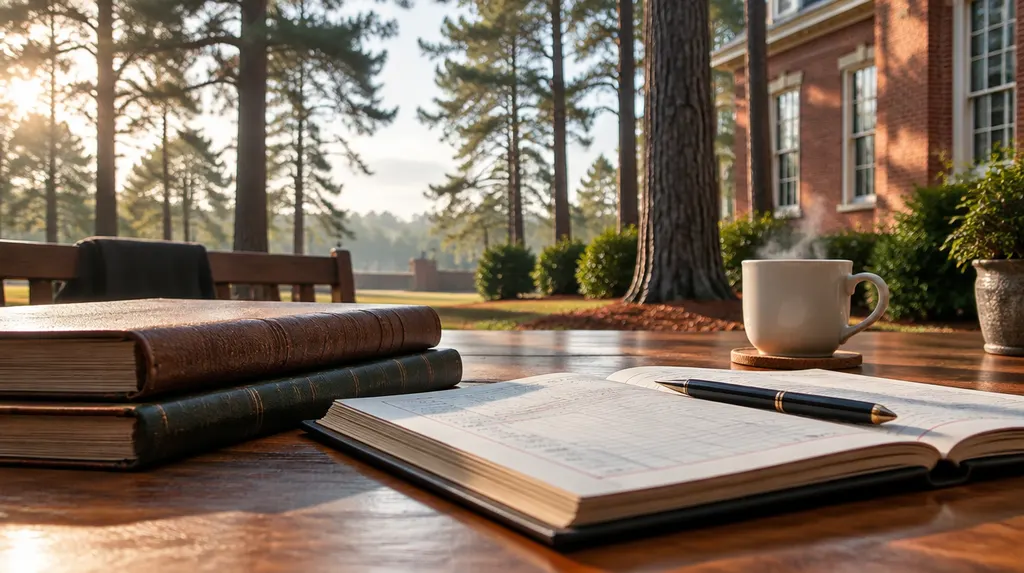 A neat desk with ledgers and a coffee cup in Columbia, SC