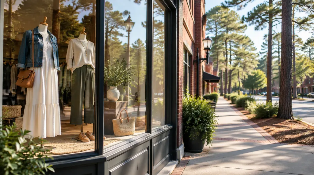 A boutique window display on a sunny street in Columbia, SC