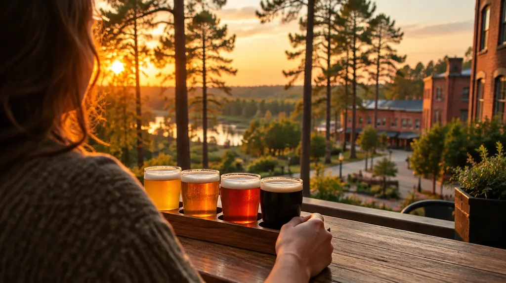 A flight of beers on a wooden board in Columbia, SC