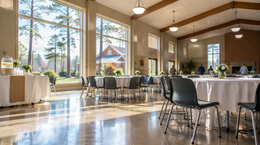 A bright community fellowship hall set for an event in Columbia, SC