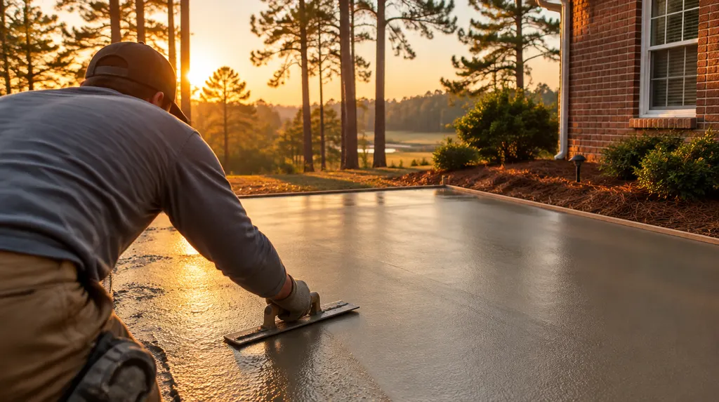 A finisher troweling a fresh patio slab in Columbia, SC