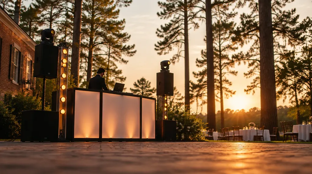 A DJ booth with lights at a wedding reception in Columbia, SC