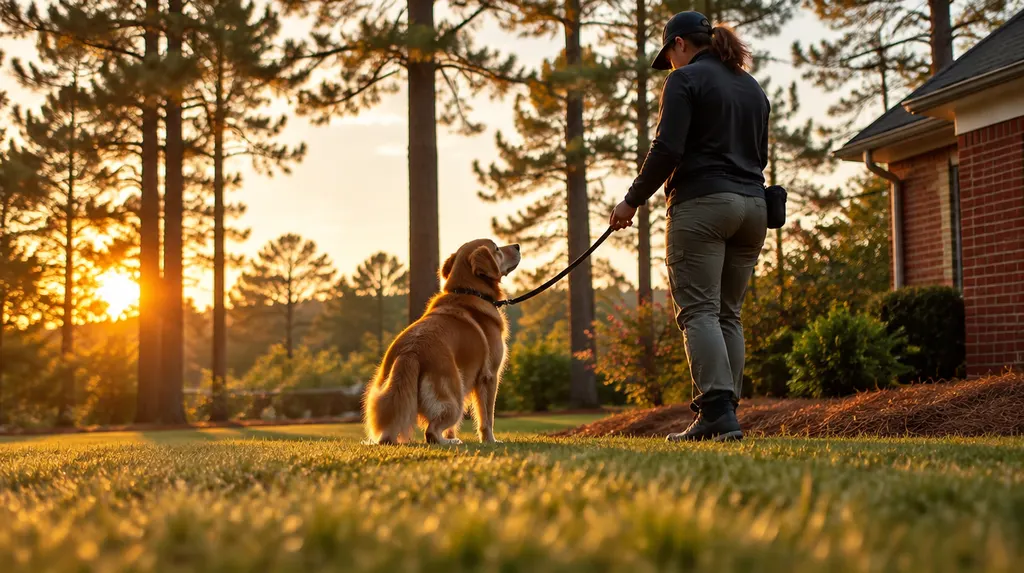 A trainer working with a dog on a leash in a yard in Columbia, SC