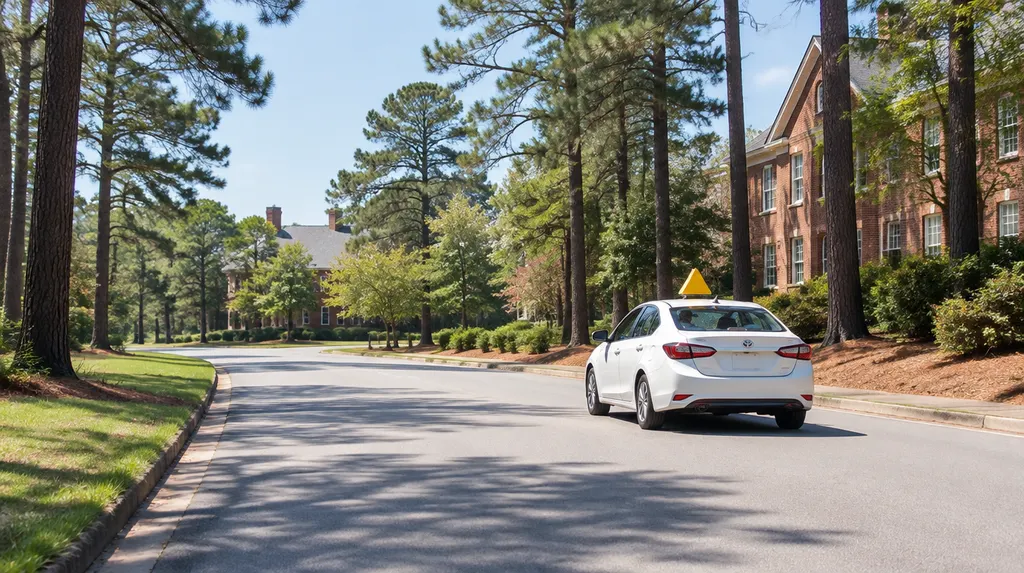 A student driver car on a quiet road in Columbia, SC