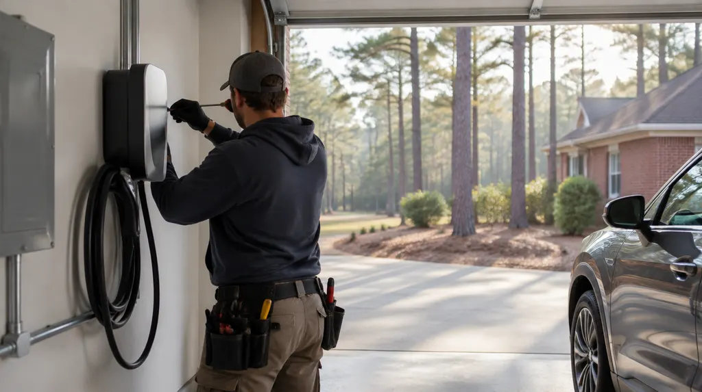 An electrician installing an EV charger in a garage in Columbia, SC