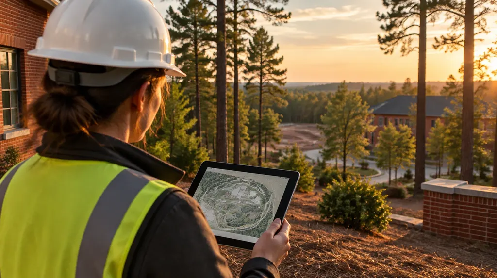 An engineer reviewing site plans on a tablet in Columbia, SC
