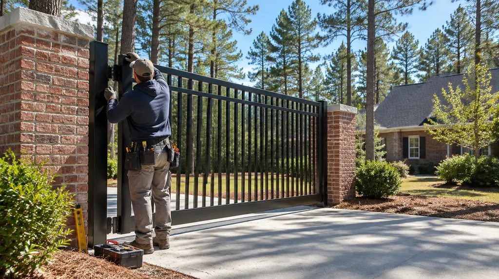 An installer hanging a black aluminum gate in Columbia, SC