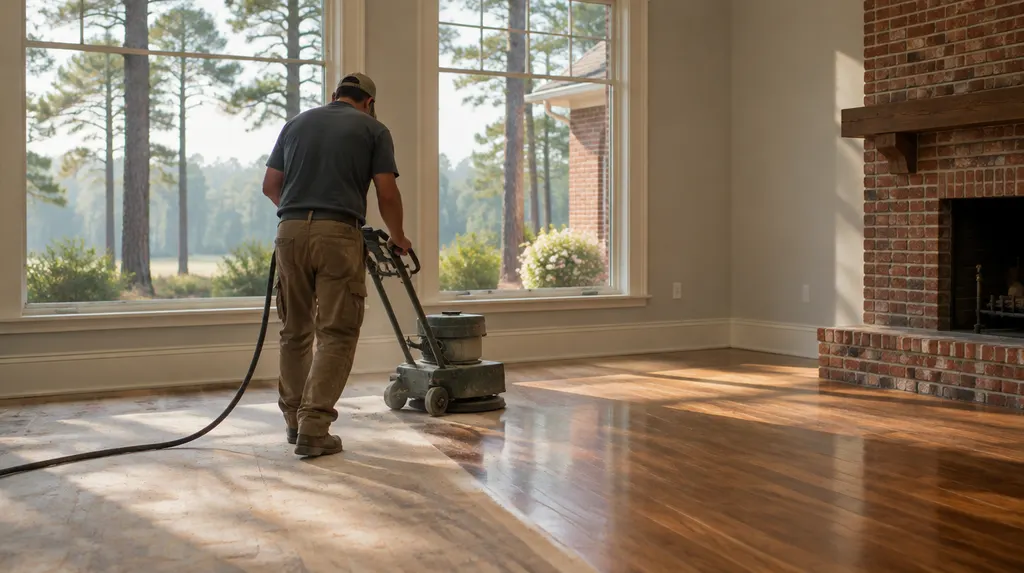 A craftsman refinishing a hardwood floor in Columbia, SC