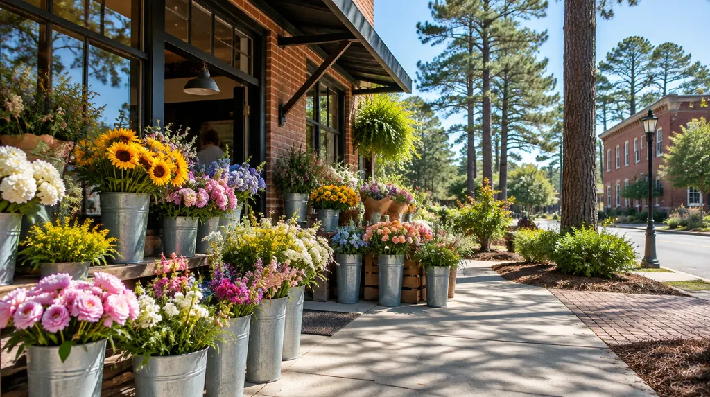 Buckets of fresh flowers in a shop in Columbia, SC