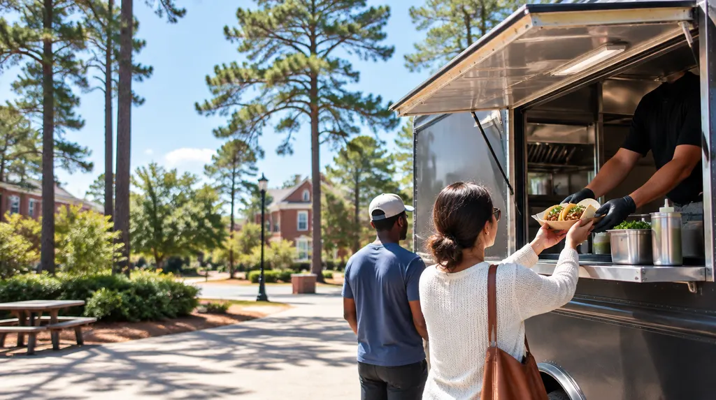 A food truck window with tacos being handed out in Columbia, SC