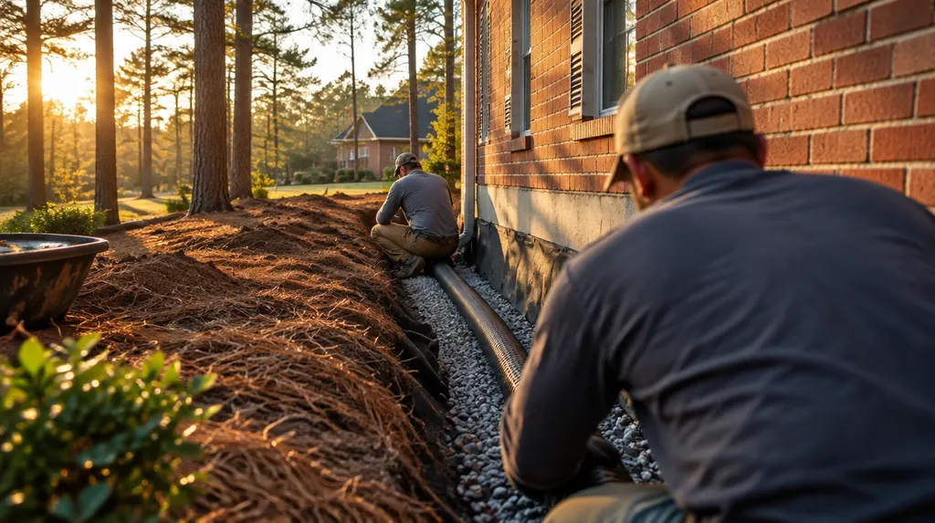 A crew installing drainage along a house foundation in Columbia, SC