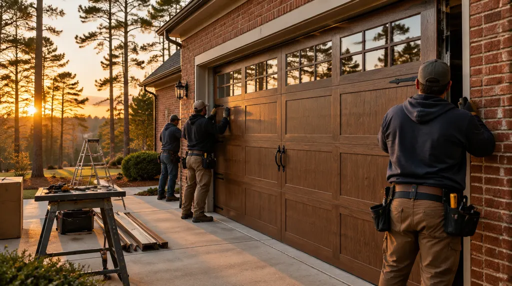 A crew installing a new carriage-style garage door in Columbia, SC