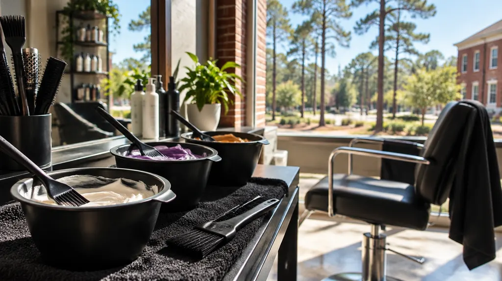 Hair color bowls and brushes on a salon station in Columbia, SC