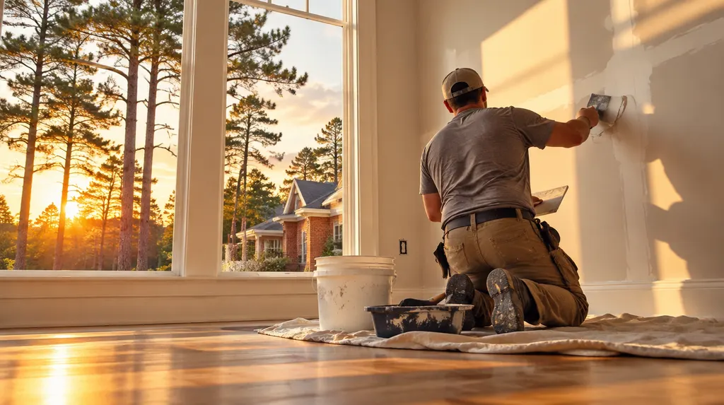 A handyman patching drywall in a bright room in Columbia, SC