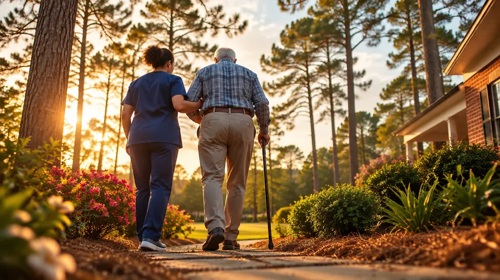 A caregiver helping an older man walk in a sunny garden in Columbia, SC