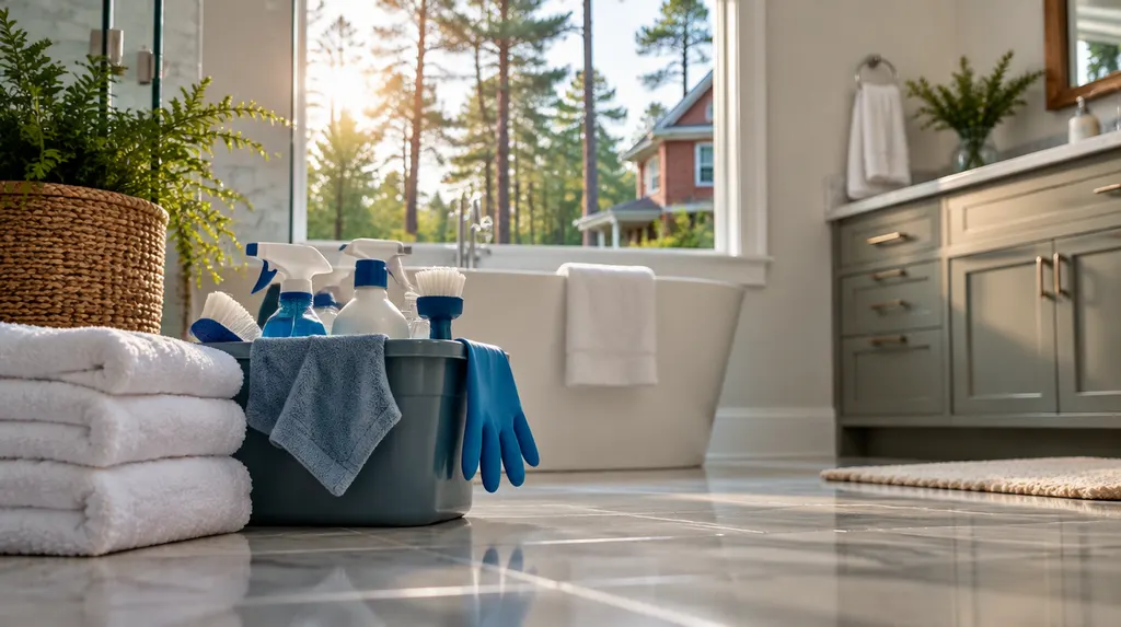 A cleaning caddy and fresh towels in a spotless bathroom in Columbia, SC