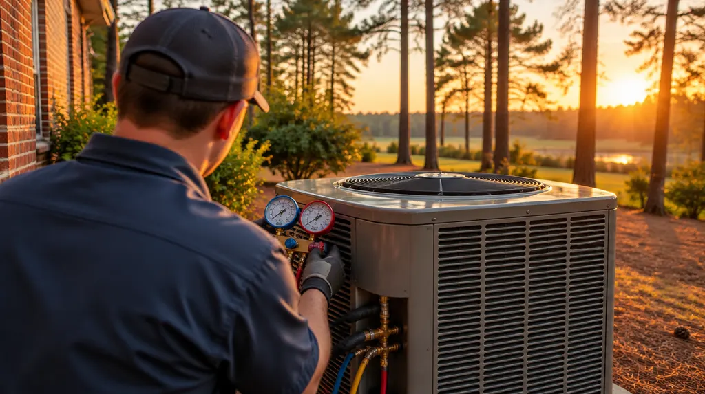A technician checking a heat pump with gauges in Columbia, SC