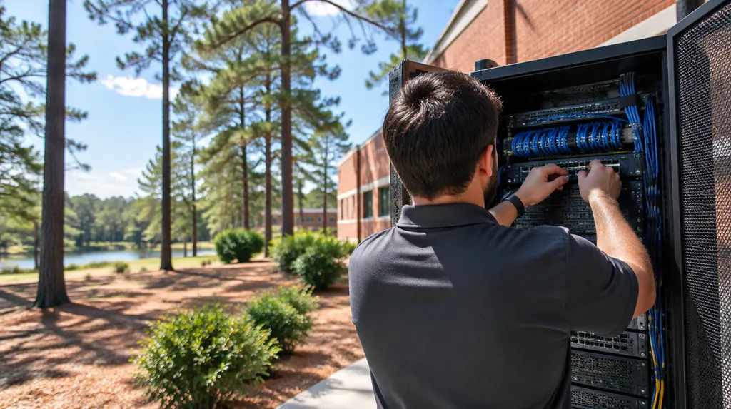 An IT technician working on a server rack in Columbia, SC
