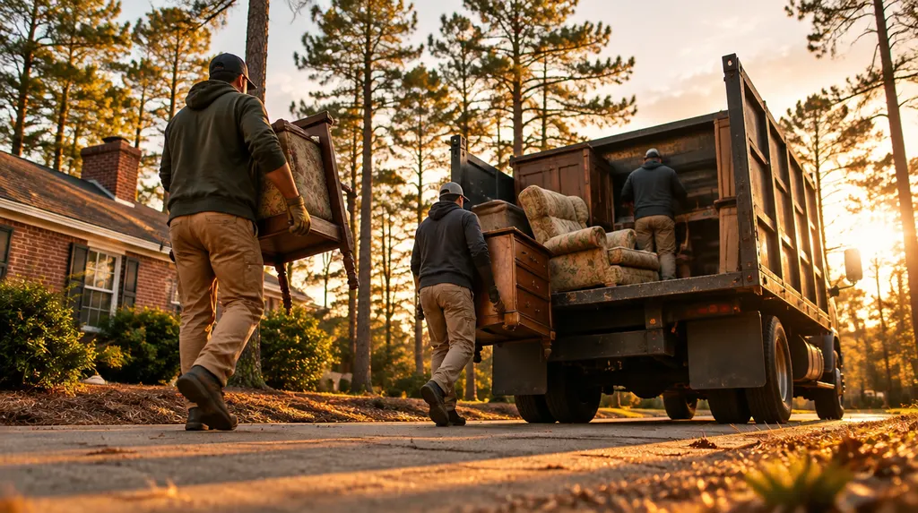 A crew loading old furniture into a junk removal truck in Columbia, SC