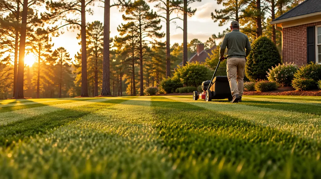 A landscaper mowing a striped green lawn in Columbia, SC
