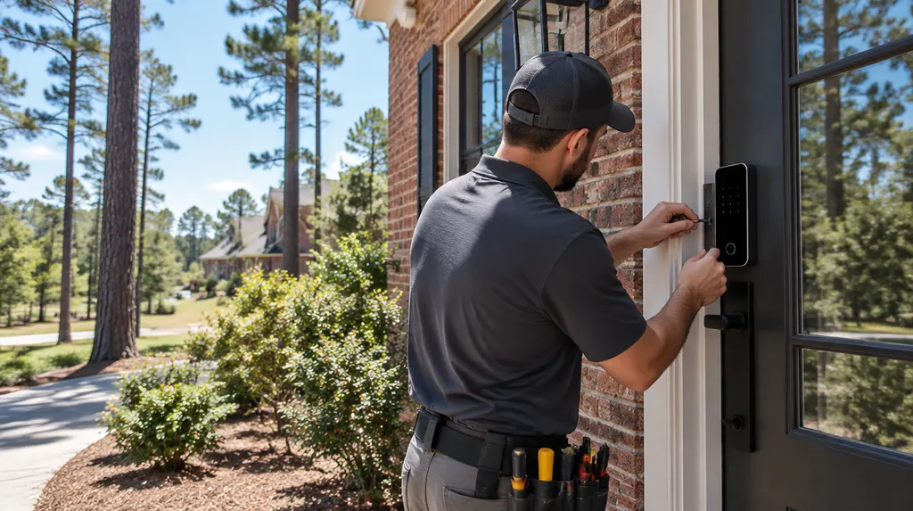 A sleek modern smart lock keypad and a phone app on a locksmith’s table in Columbia, SC