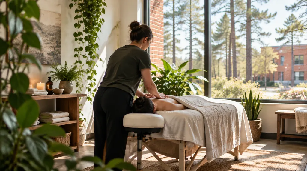 A massage studio with soft light and plants in Columbia, SC