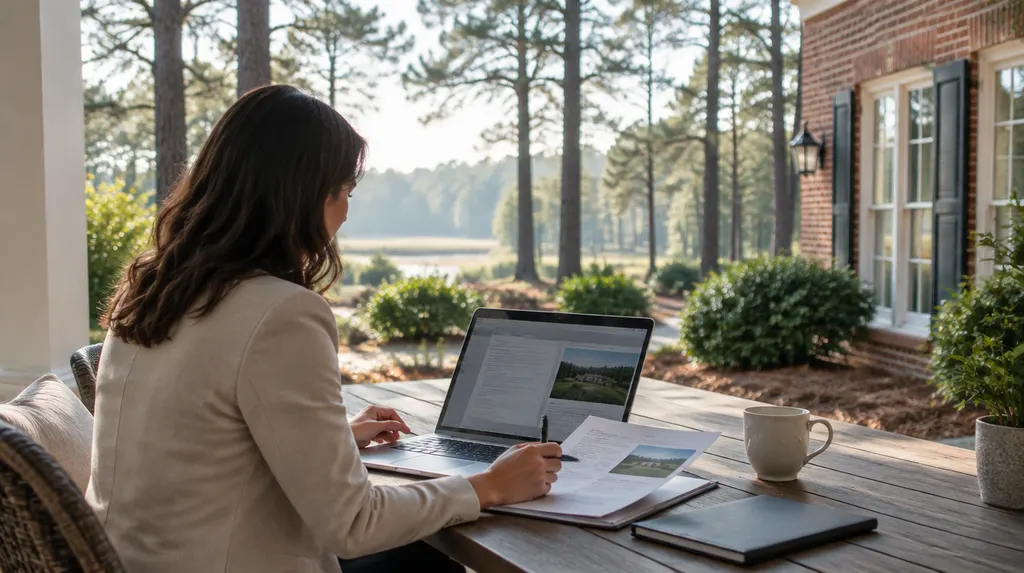 A broker reviewing documents on a laptop in Columbia, SC