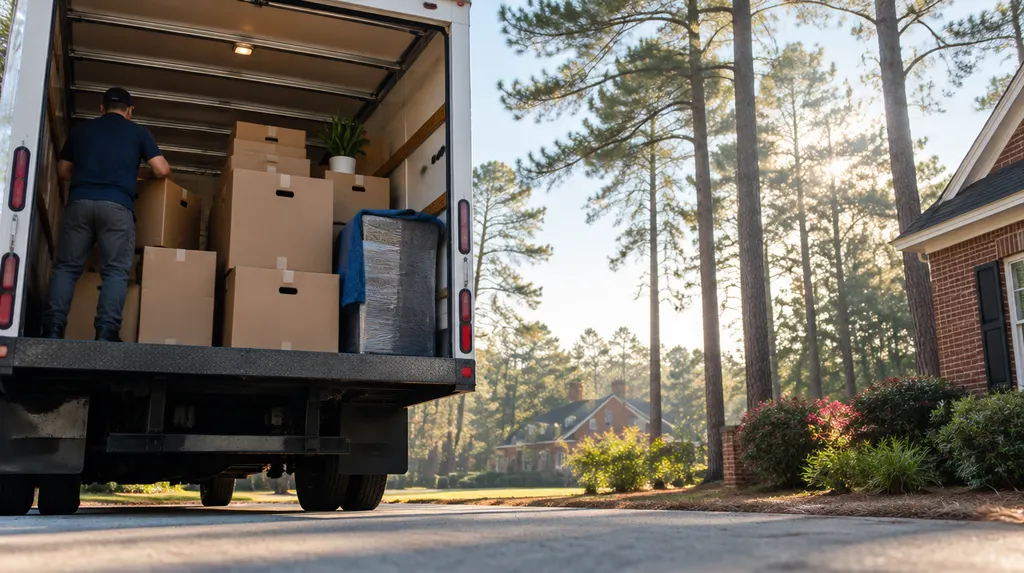 Neatly stacked labeled boxes in a moving truck in Columbia, SC