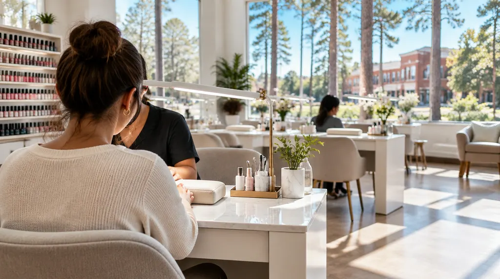 A bright nail salon with manicure tables in Columbia, SC