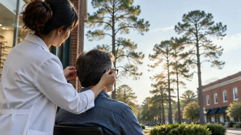 An optician adjusting glasses in Columbia, SC