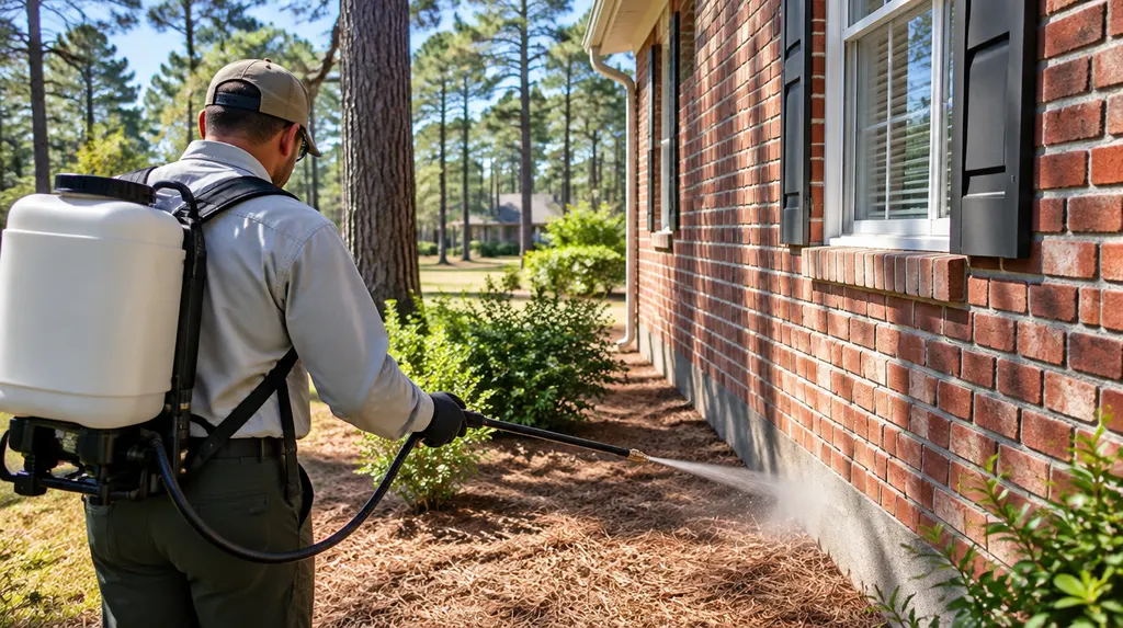 A pest control technician spraying the foundation of a house in Columbia, SC