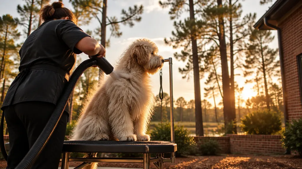 A groomer drying a fluffy dog in Columbia, SC