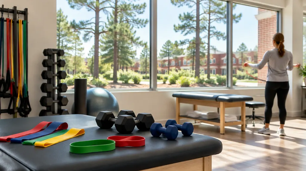 Resistance bands and weights in a bright clinic in Columbia, SC