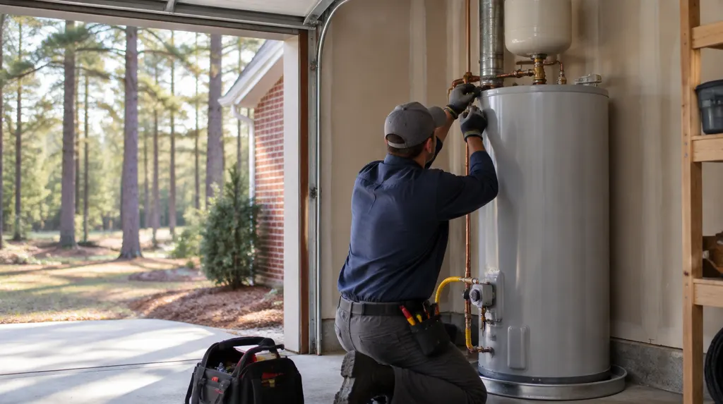 A plumber installing a tank water heater in a garage in Columbia, SC