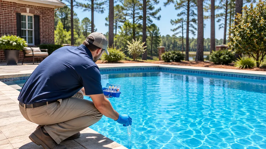 A clean blue pool with a technician testing the water in Columbia, SC