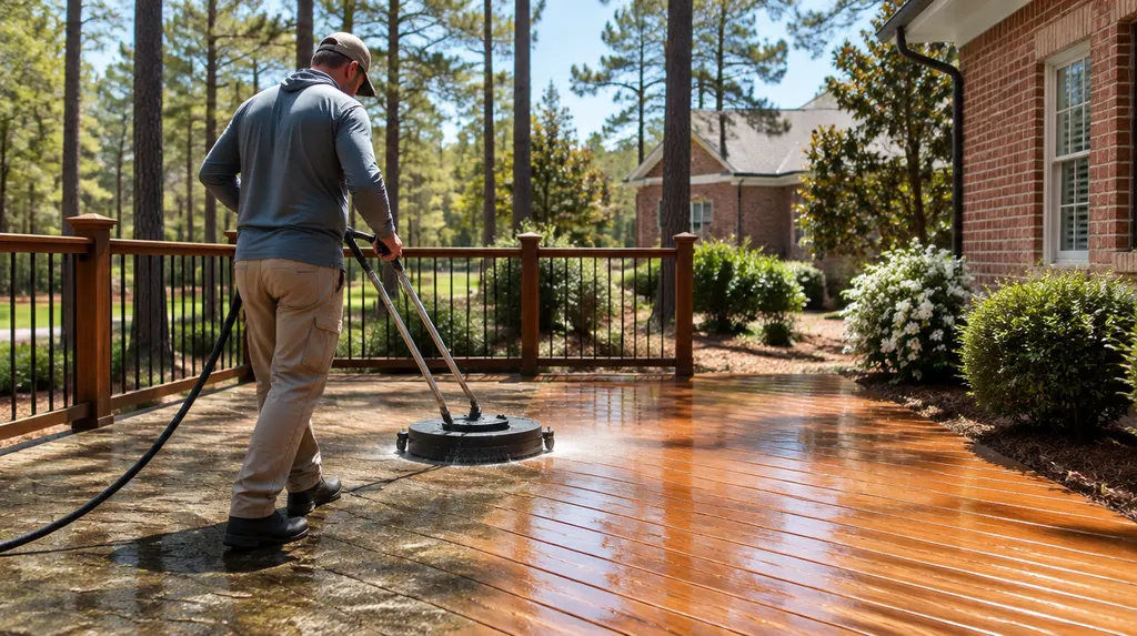 Cleaning a wooden deck with a surface cleaner in Columbia, SC