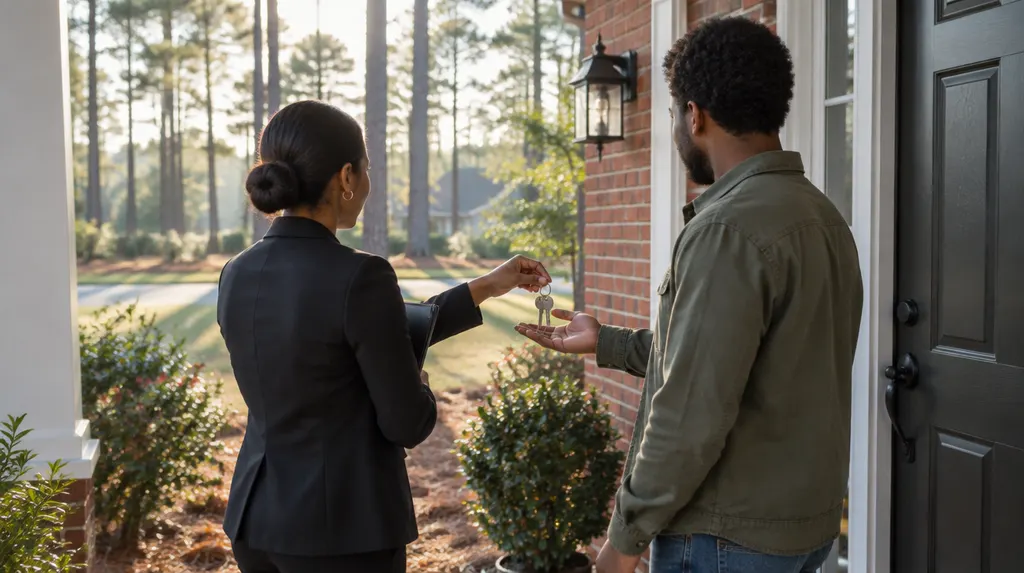 A manager handing keys to a tenant at a front door in Columbia, SC