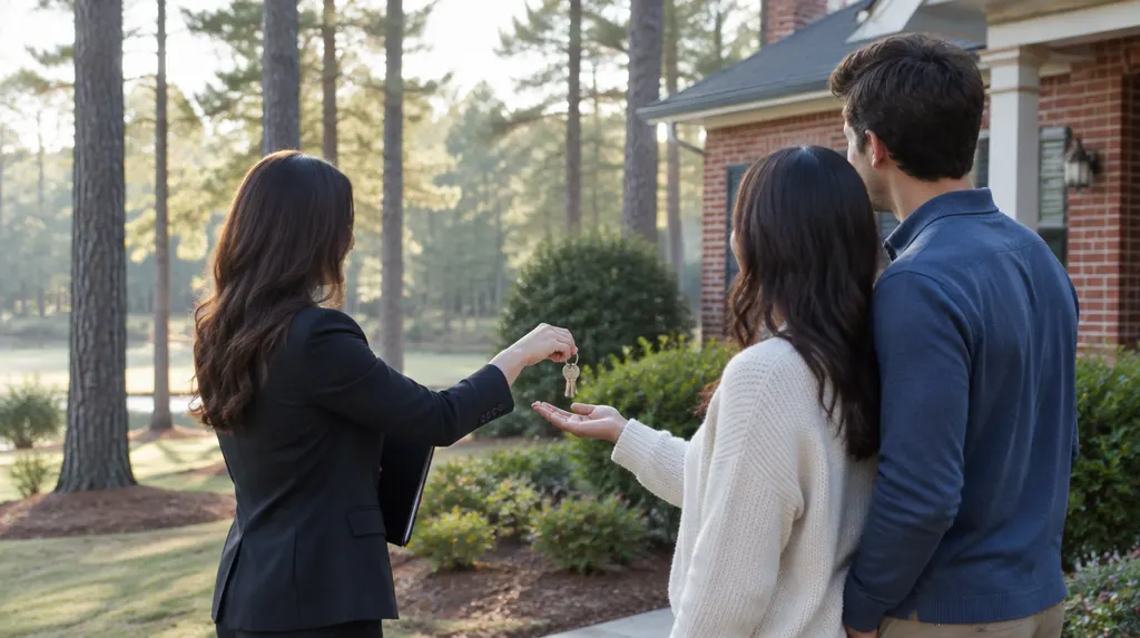 An agent handing keys to new homeowners outside a house in Columbia, SC