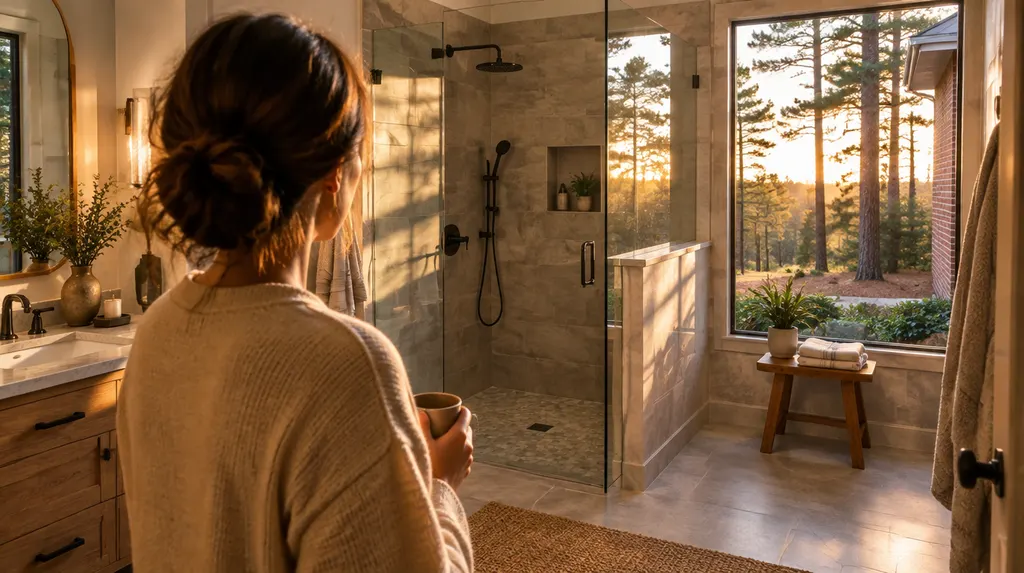A finished modern bathroom remodel with a walk-in shower in Columbia, SC