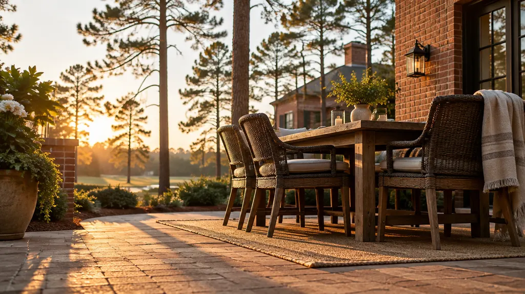 A patio dining area at golden hour in Columbia, SC
