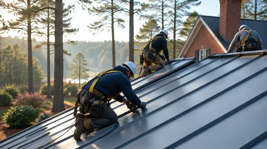 A roofing crew installing a standing-seam metal roof in Columbia, SC
