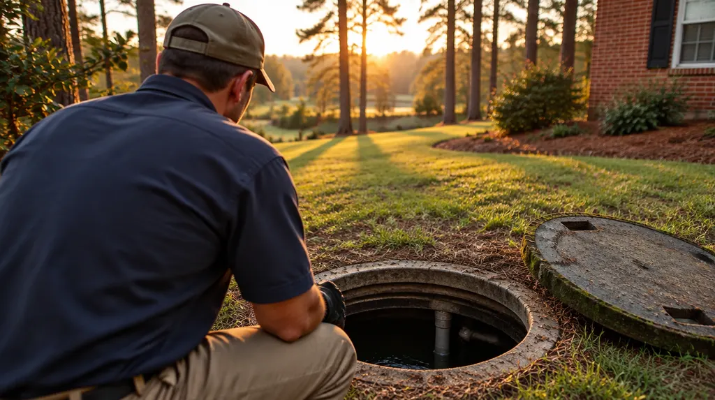 A technician inspecting an open septic tank lid in a yard in Columbia, SC