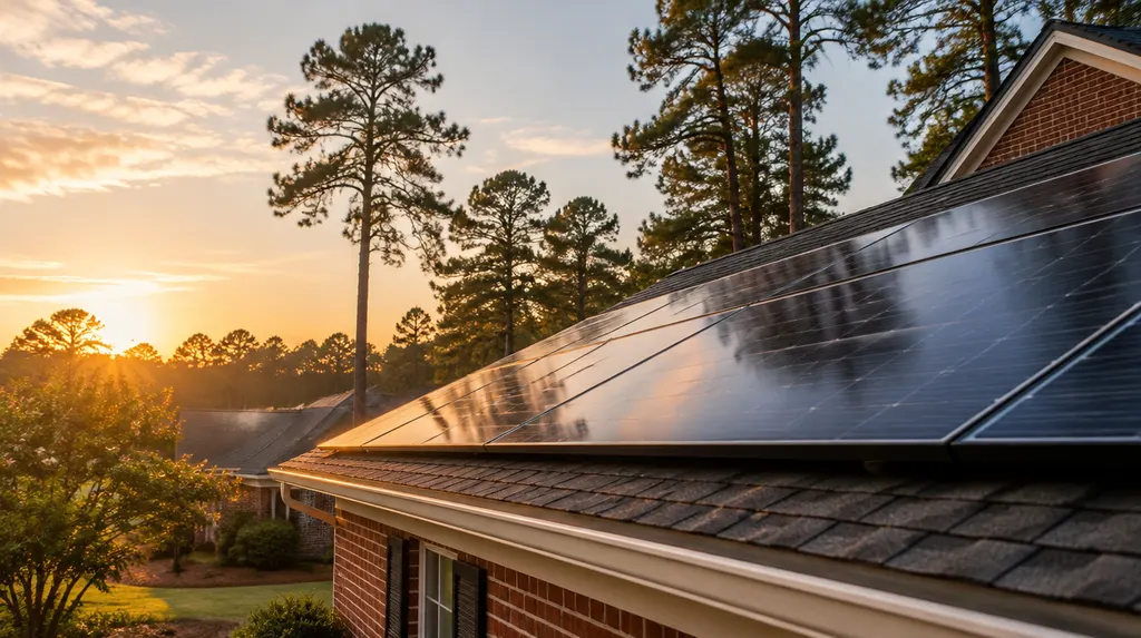 A roof of solar panels at golden hour in Columbia, SC