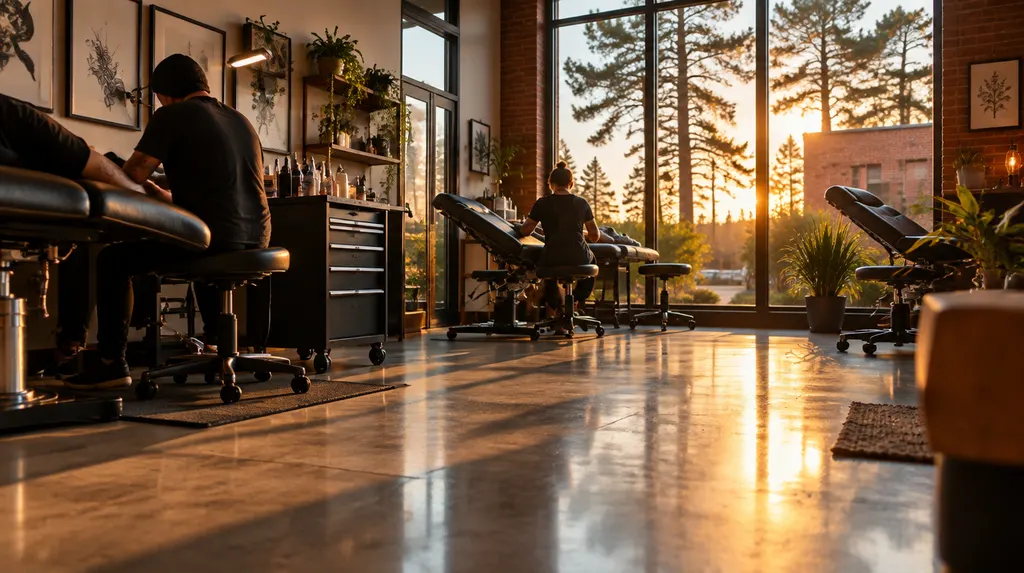 A clean modern tattoo studio with artist stations in Columbia, SC