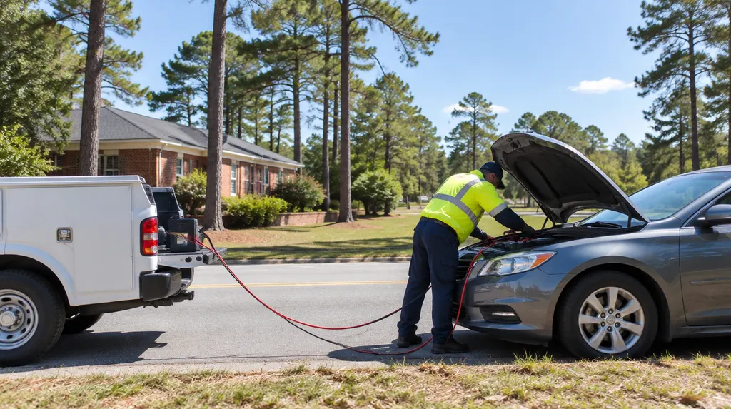 A roadside assistance worker jump-starting a car in Columbia, SC