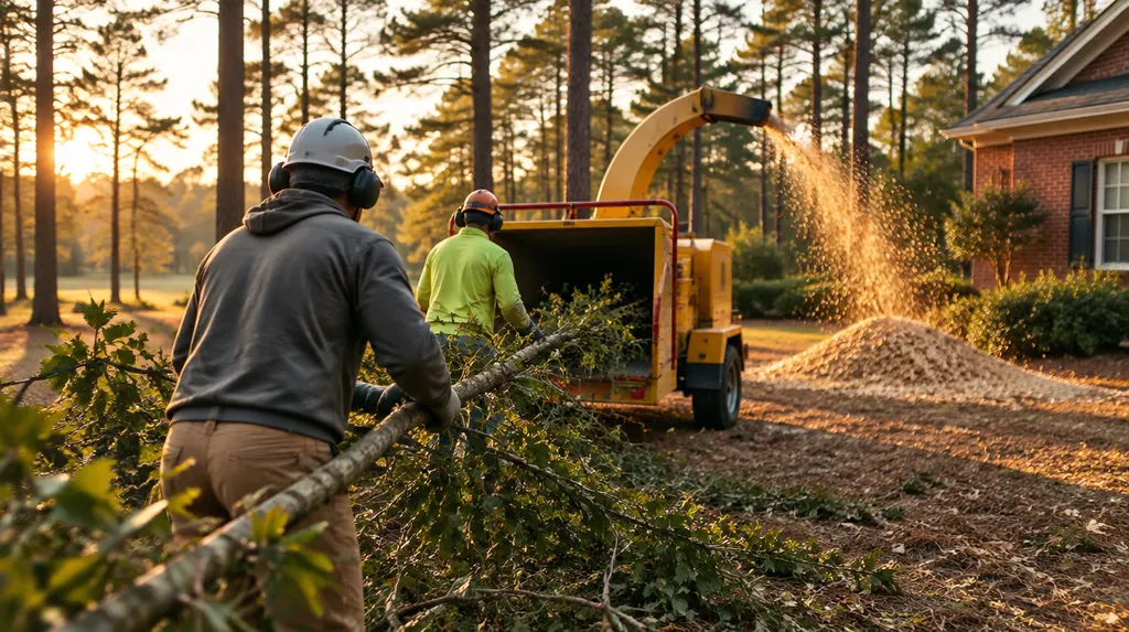 A crew feeding branches into a wood chipper in Columbia, SC