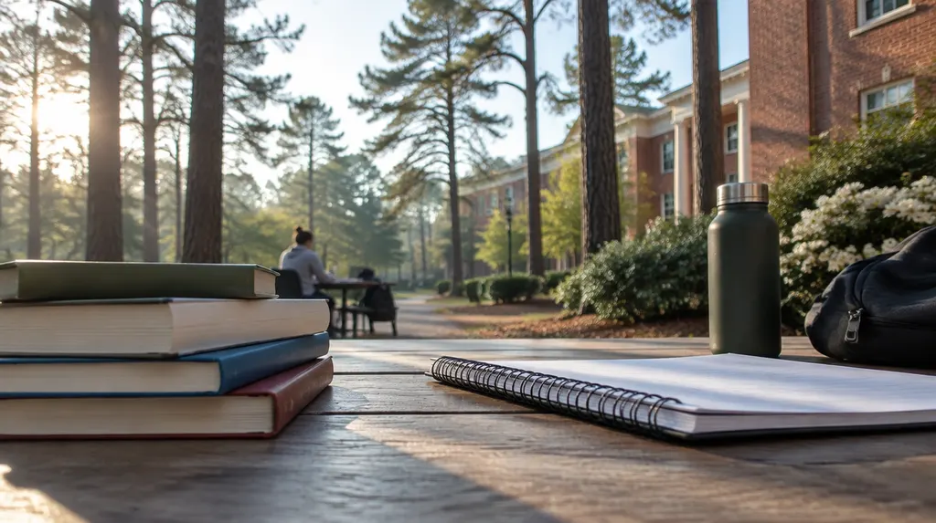 Books and notebooks on a study table in Columbia, SC