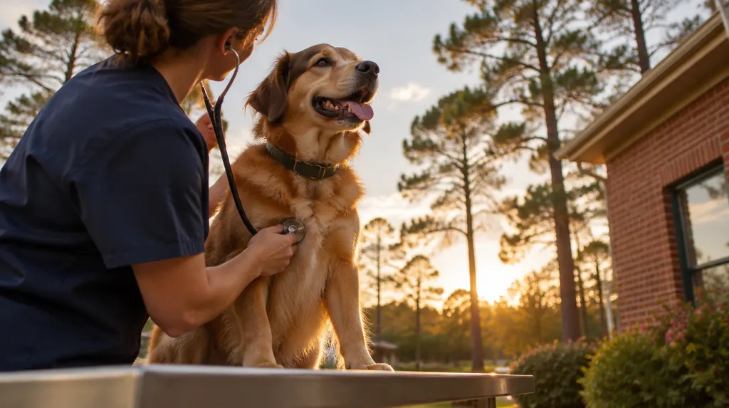 A veterinarian examining a happy dog on an exam table in Columbia, SC